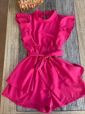 Women’s Hot Pink Ruffle Tie-Waist Romper